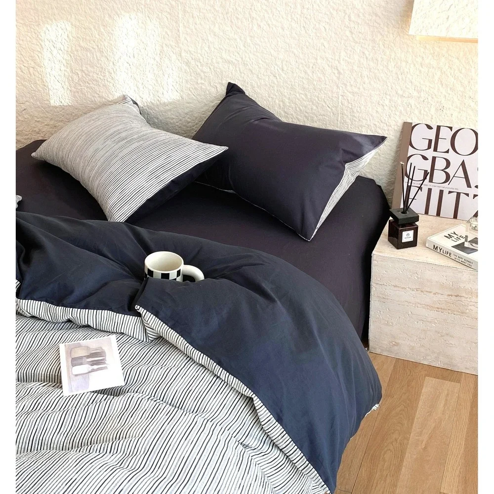 Of Joy Black White Striped Cotton Yarn dyed Jacquard Reversible Comforter Set